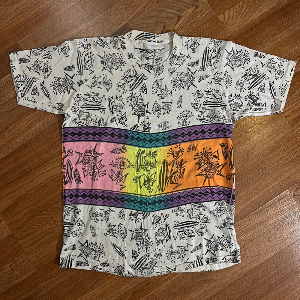 VTG Surfers Alliance All Over Print T-Shirt Medium Rainbow Surf 80s USA Single